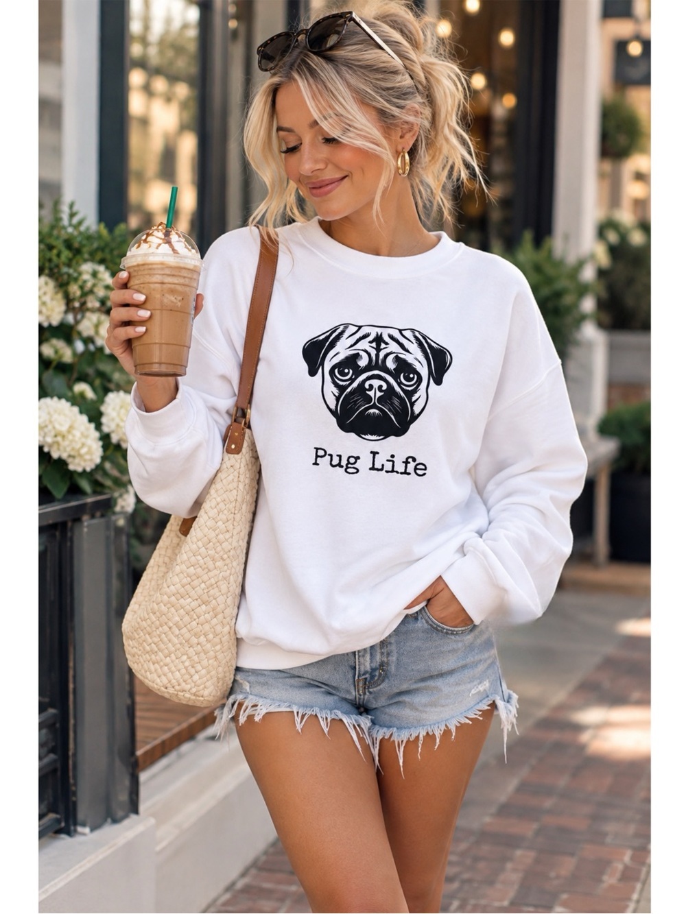 Pug Life Dog Funny Fleece Oversized Sweatshirt Pull Over Crew Neck